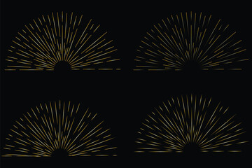 Vintage golden sunburst, sunset beams collection. Boho style, modern minimalist bohemian design. Hand drawn bursting sun, light rays. Logotype or lettering retro design element. Minimalist sun rays