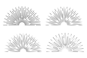 Vintage golden sunburst, sunset beams collection. Boho style, modern minimalist bohemian design. Hand drawn bursting sun, light rays. Logotype or lettering retro design element. Minimalist sun rays