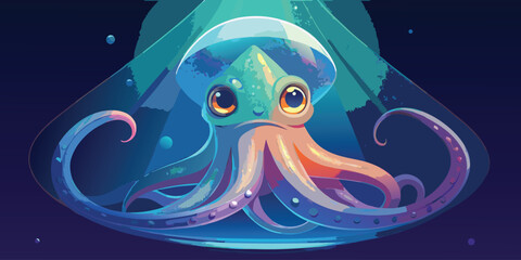 Adorable cartoon glass squid illustration glowing in the dark sea, perfect for kids book design