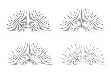 Vintage golden sunburst, sunset beams collection. Boho style, modern minimalist bohemian design. Hand drawn bursting sun, light rays. Logotype or lettering retro design element. Minimalist sun rays