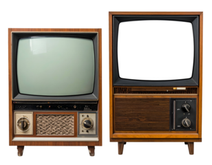Two vintage wood cabinet televisions, black screen