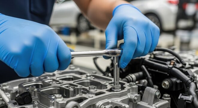 Car mechanic at work adjusting bolts, demonstrating automotive repair. Car mechanic repairs part of car engine, using special tool for car repair.