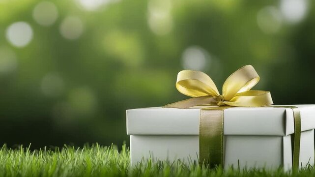 Present of Nature's Embrace: An elegant gift box adorned with a delicate ribbon sits nestled in a bed of lush green grass, creating a captivating scene of natural beauty and understated luxury. 