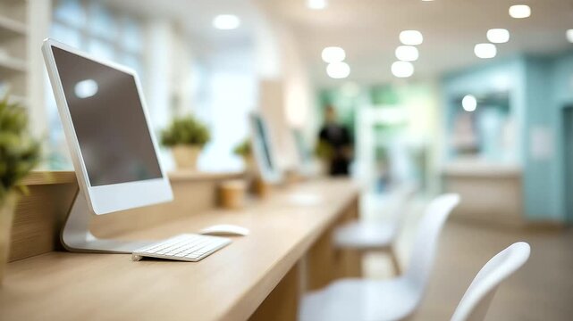 Modern travel agency with minimalist design defocused computers, faceless office environment, workspace visualization detail, blurred indoor background, agency concept, professiona