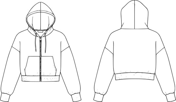Cropped hoodie technical fashion flat sketch, zip up front view back view line drawing, CAD vector illustration template