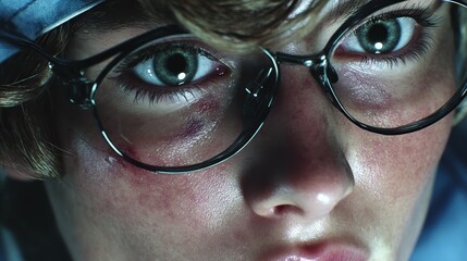 A close-up of a woman wearing glasses, showing signs of injury, including a cut and swelling near her eye, creating a sense of resilience.