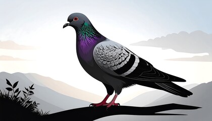 Pigeon perched on branch, serene landscape