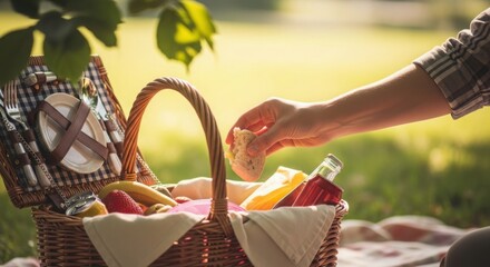 Enjoying outdoor picnic with wicker basket filled with food in warm sunlight, idyllic outdoor picnic gathering. Sunny outdoor picnic in park, with hand reaching for bread and food items.