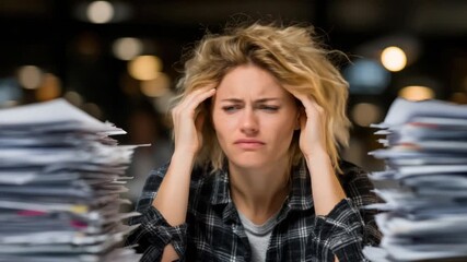 A woman with messy blonde hair and plaid shirt looks stressed, hands on head, surrounded by paperwork