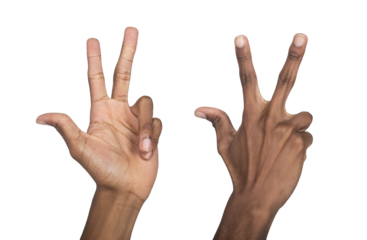Three finger gesture. African man hand showing number three with raised fingers, symbol of