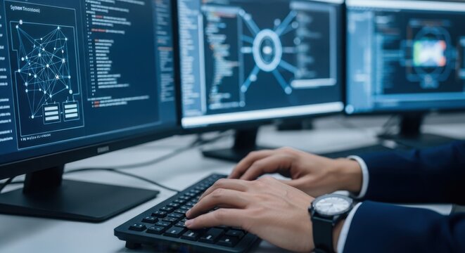Cybersecurity data analysis being performed by expert cybersecurity worker using multiple displays, with cyber safety measures in place.