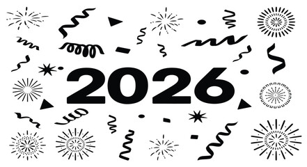 Happy new year 2026 with fireworks celebration and bold black design. Modern new year 2026 greeting card design with festive elements and bold typography, happy new year 2026 with fireworks, vector il