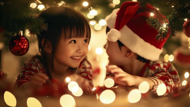Charming Asian siblings in cozy pajamas and Santa hats lying under a decorated Christmas tree with twinkling lights, laughing and sharing joyful moments in a warm, festive home