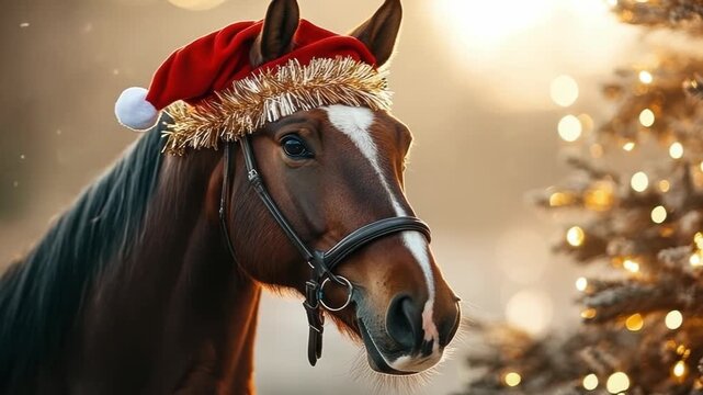 Chestnut horse wearing a red Santa hat trimmed with tinsel, gently blinking by a glowing Christmas tree as soft snowflakes fall in a warm, festive winter scene