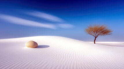 A stark, minimalist landscape featuring a lone, leafless tree and a smooth stone on rippled white sand dunes under a vibrant blue sky.