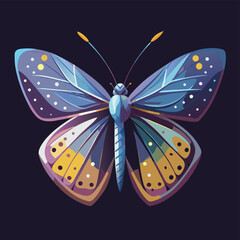 Vector illustration of a butterfly with blue wings and yellow spots on a dark background