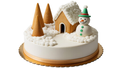 Whimsical christmas cake decorated with a gingerbread house snowman and pine trees in a snowy landscape isolated on transparent background