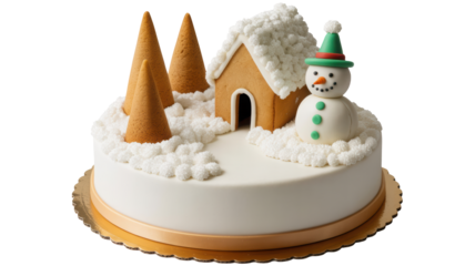 Whimsical christmas cake decorated with a gingerbread house snowman and pine trees in a snowy landscape isolated on transparent background
