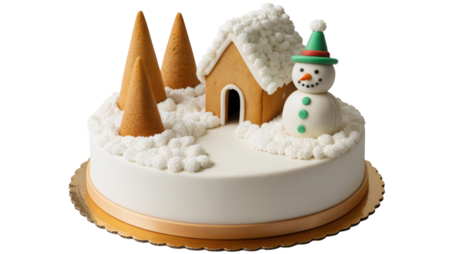 Whimsical christmas cake decorated with a gingerbread house snowman and pine trees in a snowy landscape isolated on transparent background