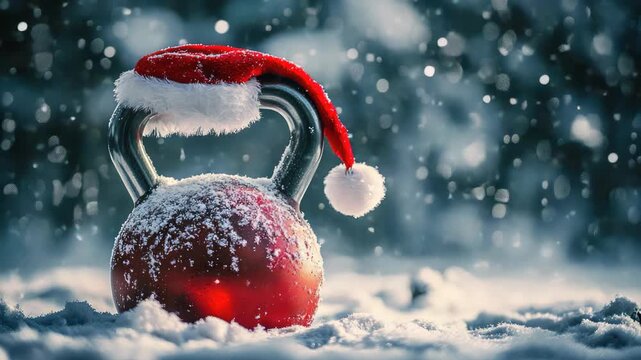 Crimson kettlebell wearing a Santa hat sits on snowy ground as soft flakes fall, festive fitness reminder to stay active, set holiday workout goals and new year resolutions