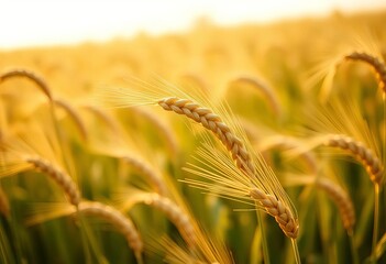 Golden wheat ear, ripe and full, swaying gently in a summer field, sunlight, plant
