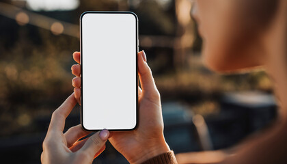Smartphone Mockup Held by Woman with Blank Front Screen in Lifestyle Context