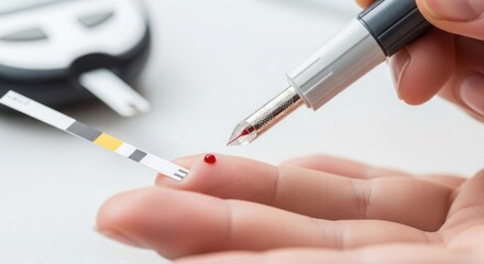 Checking blood sugar levels shown as blood sugar test performed on finger with glucometer. Checking blood sugar levels is essential for diabetes management and healthy living.