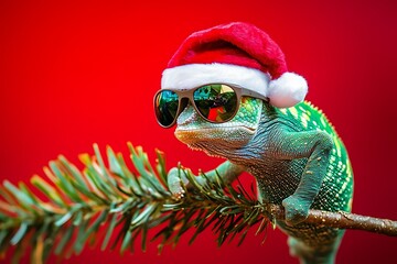Holiday-themed chameleon with sunglasses and a Santa-style cap.