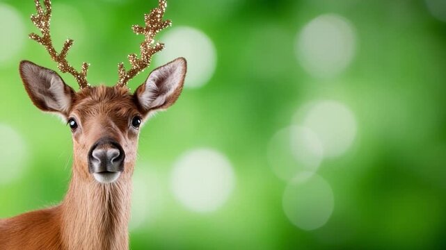  Majestic Deer in the Greens: The regal deer with stunning antlers emerges from a bokeh-filled backdrop of vibrant greens, captivating the viewer with its direct gaze. 