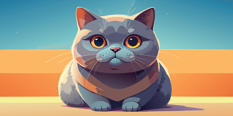 A cute British cat cartoon with big eyes and a sweet expression sits on the ground