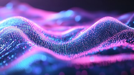 Abstract neon glowing waves of particles background with pink and blue color scheme