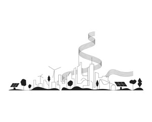 Abstract cityscape silhouette with musical notes flowing upwards like a symphony of nature and technology