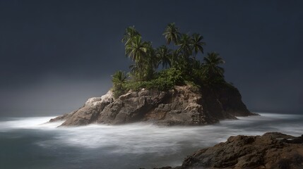 A small tropical island with palm trees stands in the ocean under a dark misty sky with waves crashing against its rocky shore