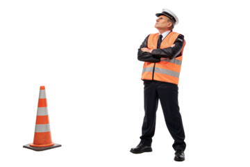 Frustrated male security guard in reflective vest with arms crossed, looking up with angry expression, isolated on white