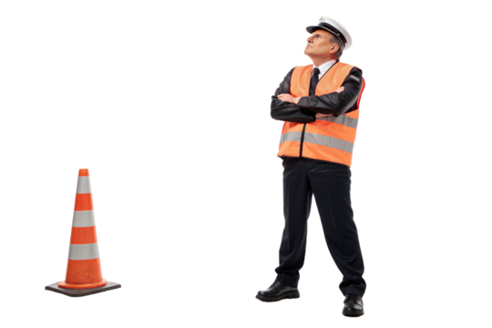 Frustrated male security guard in reflective vest with arms crossed, looking up with angry expression, isolated on white