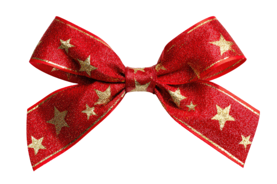 Red ribbon bow with gold stars against a black background