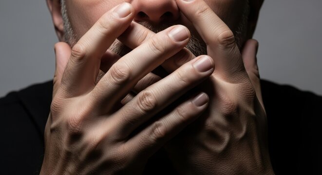 Hands covering face depicts deep concern, worry, and anxiety. Covering face demonstrates emotional distress with visible tension and strain. Use expression hands covering face to portray stress,