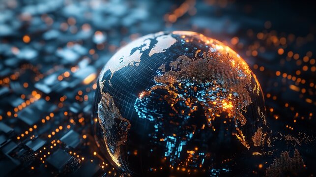 Digital world globe on circuit board with glowing lights, symbolizing global connectivity