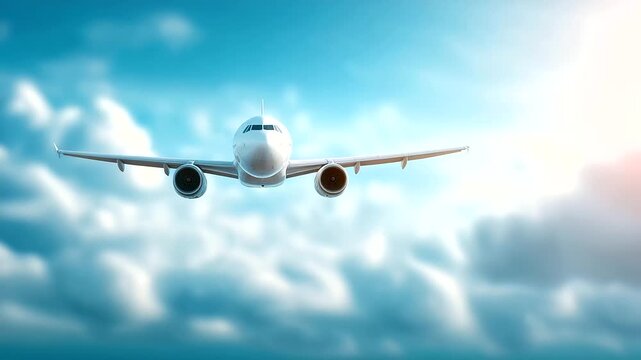 White airplane flying in blue sky defocused clouds, faceless aviation banner, flight visualization detail, blurred cloudscape background, travel concept, company interface, web dis
