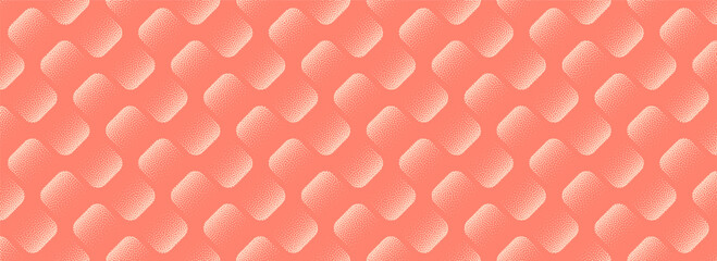 Vector abstract wide panoramic background in coral hues with rounded rhomb pattern. Psychedelic halftone flow evokes motion, depth and dynamic rhythm with soft grainy texture and retro modernist vibe