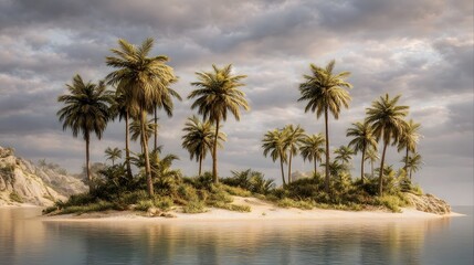A dramatic tropical island paradise adorned with lush palm trees and dense vegetation under a moody cloudy sky
