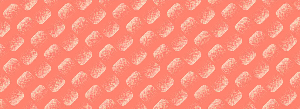 Vector abstract wide panoramic background in coral hues with rounded rhomb pattern. Psychedelic halftone flow evokes motion, depth and dynamic rhythm with soft grainy texture and retro modernist vibe