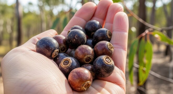 Close-up of hand holding native australian bush berries outdoors in nature