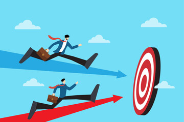 Vector illustration of two businessmen running on red and blue arrows toward a target. Represents ambition, competition, focus, and determination to reach success in the modern business world.