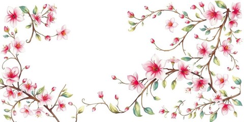 Fototapeta premium Intricate, watercolor-style botanical print featuring delicate blossoms and swirling vines, botanical, flowers