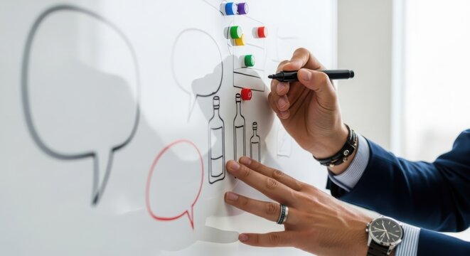 Drawing sketches on whiteboard showing hand sketching process and business strategy. Hand sketching outlines idea generation with creativity and collaborative brainstorming.