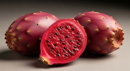 Close-up of fresh ripe red prickly pears with textured skin and seeds