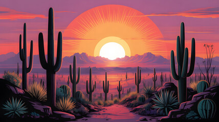 Vibrant desert landscape illustration at sunset featuring majestic saguaro cacti and distant mountains