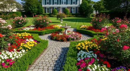 Obraz premium Beautiful Formal Garden with Blooming Flowers and a Mansion.