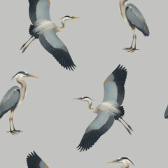 Seamless Pattern of Grey Heron – Realistic Pastel Digital Illustration, Bird Ornament, Wild Birds Asia Wildlife Background Design,Ornithology Art, Japanese Ornament
